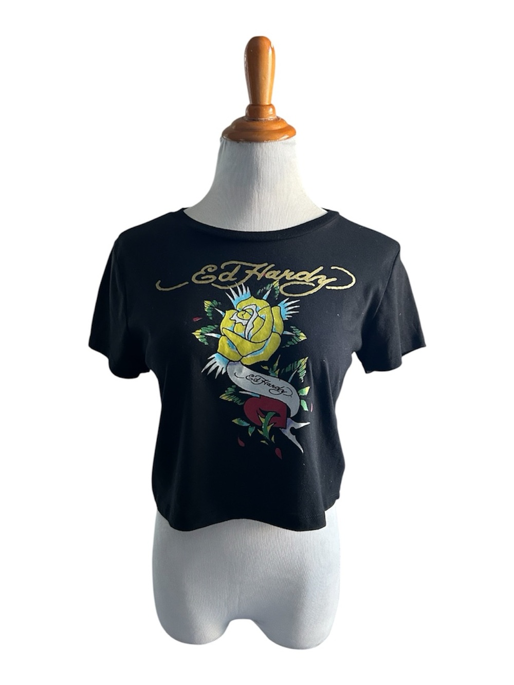 Ed Hardy Black Crop Tee with Yellow Rose Graphic